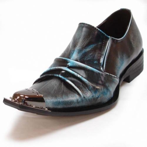 Fiesso Blue Genuine Leather Pleated Loafer Shoes With Metal Tip FI6207